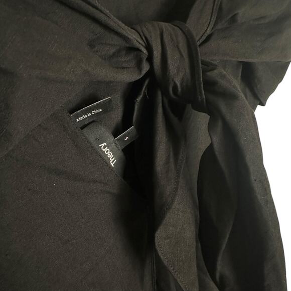 Theory Linen Blend Midi Ruffle Hem Dress Black Sz Small Resort Vacation Classic - Picture 4 of 16